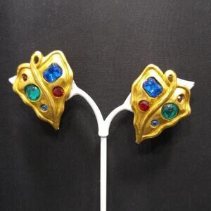 Vintage Multicolor Rhinestone Leaf Clip Earrings, Gold Tone, 1 1/2 Inches